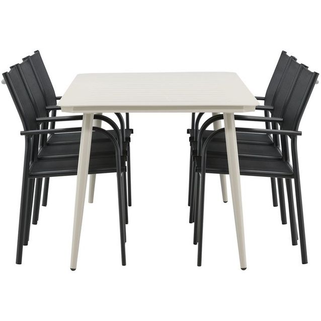 Ruokailuryhmä Venture Home, 200x90cm beige Lina-pöytä + 6 mustaa, pinottavaa Santorini-tuolia