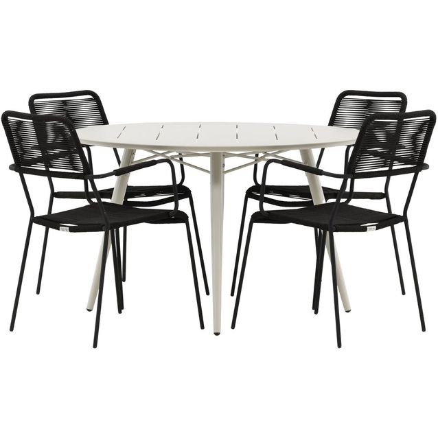 Ruokailuryhmä Venture Home, ø120cm, beige Lina-pöytä + 4 mustaa Lindos-tuolia, käsinojilla