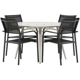 Ruokailuryhmä Venture Home, ø120cm, beige Lina-pöytä + 4 mustaa, pinottavaa Santorini-tuolia