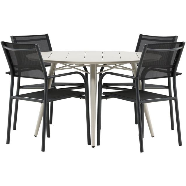 Ruokailuryhmä Venture Home, ø120cm, beige Lina-pöytä + 4 mustaa, pinottavaa Santorini-tuolia