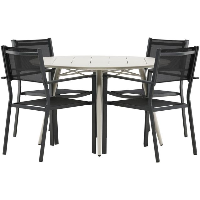 Ruokailuryhmä Venture Home, ø120cm, beige Lina-pöytä + 4 mustaa, pinottavaa Copacabana-tuolia
