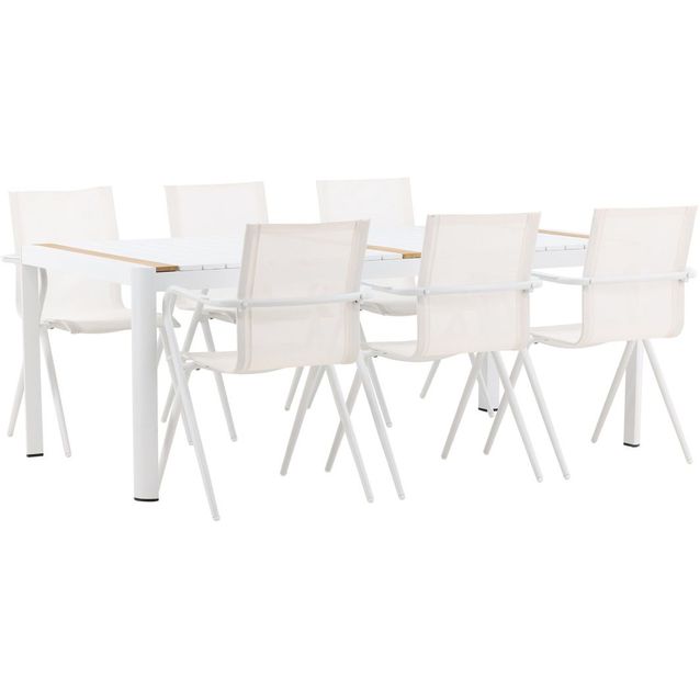 Ruokailuryhmä Venture Home, 200x100cm valkoinen/tiikki Togo-pöytä + 6 valkoista Alina-tuolia