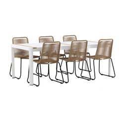 Ruokailuryhmä Venture Home, 200x100cm valkoinen/tiikki Togo-pöytä + 6 ruskeaa, pinottavaa Lindos-tuolia