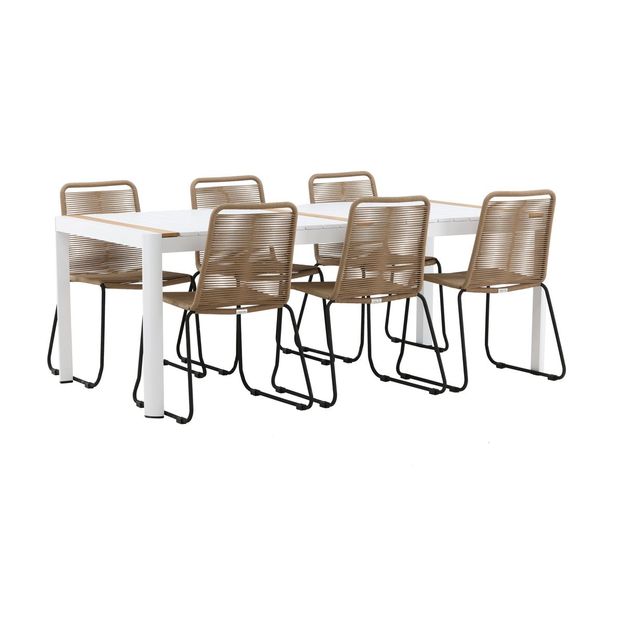 Ruokailuryhmä Venture Home, 200x100cm valkoinen/tiikki Togo-pöytä + 6 ruskeaa, pinottavaa Lindos-tuolia