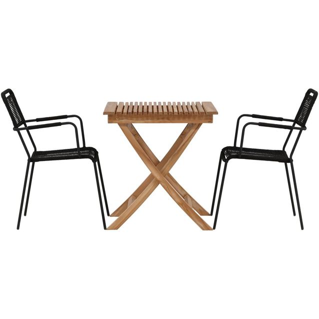 Parvekeryhmä Venture Home, 70x70cm Ghana-taittopöytä + 2 mustaa Lindos-tuolia, käsinojilla