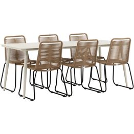 Ruokailuryhmä Venture Home, 200x90cm beige Lina-pöytä + 6 ruskeaa, pinottavaa Lindos-tuolia