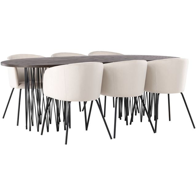 Ruokailuryhmä Venture Home, 220x100cm ruskea Stone Oval -pöytä + 6 beigeä Berit-tuolia, sametti