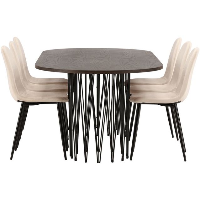 Ruokailuryhmä Venture Home, 220x100cm ruskea Stone Oval -pöytä + 6 Polar-tuolia, sametti