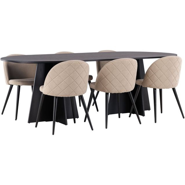 Ruokailuryhmä Venture Home, 230x115cm musta Bootcut Oval -pöytä + 6 beigeä Velvet Stitches -tuolia