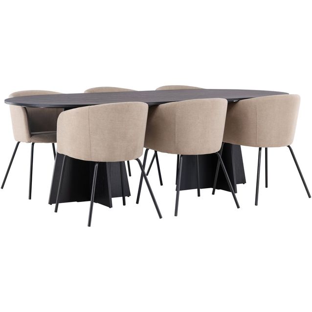 Ruokailuryhmä Venture Home, 230x115cm musta Bootcut Oval -pöytä + 6 beigeä Berit-tuolia