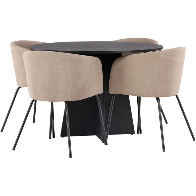 Ruokailuryhmä Venture Home, ⌀110cm musta Bootcut-pöytä + 4 beigeä Berit-tuolia