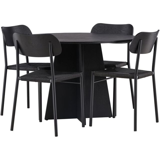 Ruokailuryhmä Venture Home, ⌀110cm musta Bootcut-pöytä + 4 mustaa Polly-tuolia
