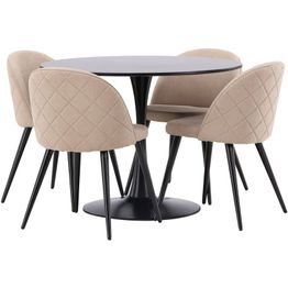 Ruokailuryhmä Venture Home, ⌀100cm musta Glade-pöytä + 4 beigeä Velvet Stitches -tuolia