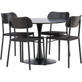 Ruokailuryhmä Venture Home, ⌀100cm musta Glade-pöytä + 4 mustaa Polly-tuolia