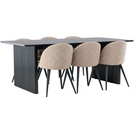 Ruokailuryhmä Venture Home, 200x100cm musta Vail-pöytä + 6 beigeä Velvet Stitches-tuolia
