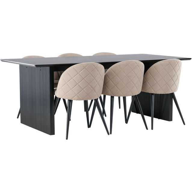 Ruokailuryhmä Venture Home, 200x100cm musta Vail-pöytä + 6 beigeä Velvet Stitches-tuolia