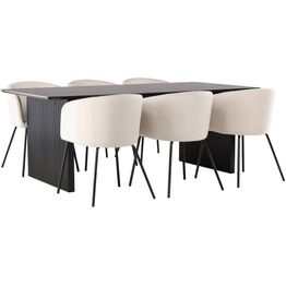 Ruokailuryhmä Venture Home, 200x100cm musta Vail-pöytä + 6 beigeä Berit-tuolia, sametti