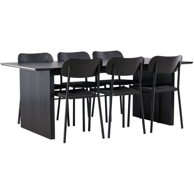 Ruokailuryhmä Venture Home, 200x100cm musta Vail-pöytä + 6 mustaa Polly-tuolia