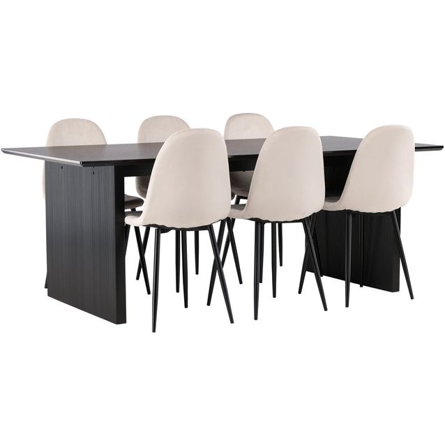 Ruokailuryhmä Venture Home, 200x100cm musta Vail-pöytä + 6 Polar-tuolia, sametti