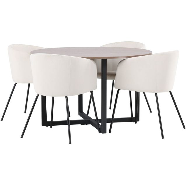 Ruokailuryhmä Venture Home, ⌀120cm Durango-pöytä + 4 beigeä Berit-tuolia, sametti