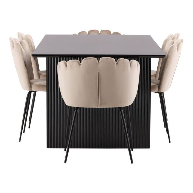 Ruokailuryhmä Venture Home, 200x100cm musta Vail-pöytä + 4 beigeä Limhamn Light -tuolia, sametti