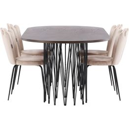 Ruokailuryhmä Venture Home, 220x100cm ruskea Stone Oval -pöytä + 4 beigeä Limnhamn Light -tuolia, sametti