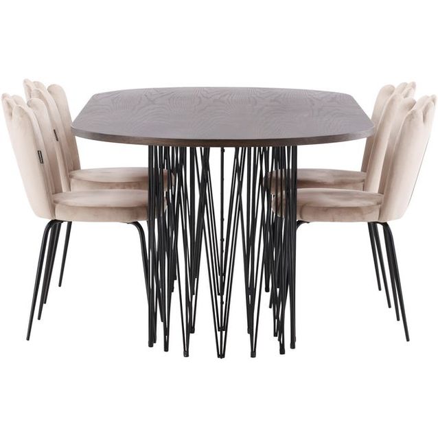 Ruokailuryhmä Venture Home, 220x100cm ruskea Stone Oval -pöytä + 4 beigeä Limnhamn Light -tuolia, sametti