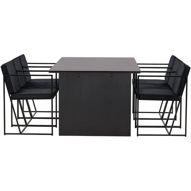 Ruokailuryhmä Venture Home, 200x100cm musta Vail-pöytä + 6 mustaa Richmond-tuolia, sametti