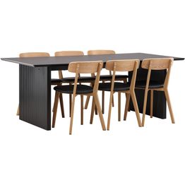 Ruokailuryhmä Venture Home, 200x100cm musta Vail-pöytä + 6 mustaa Sanjos-tuolia, keinonahka