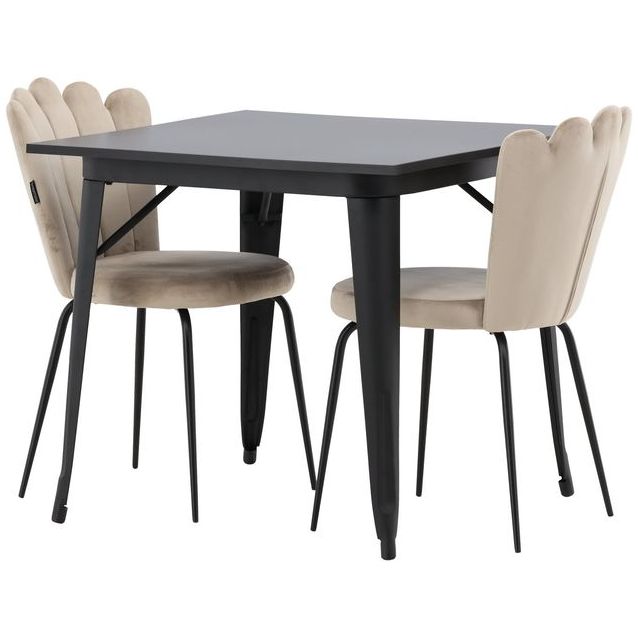 Ruokailuryhmä Venture Home, 80x80cm musta Tempe-pöytä + 2 beigeä Limhamn Light -tuolia