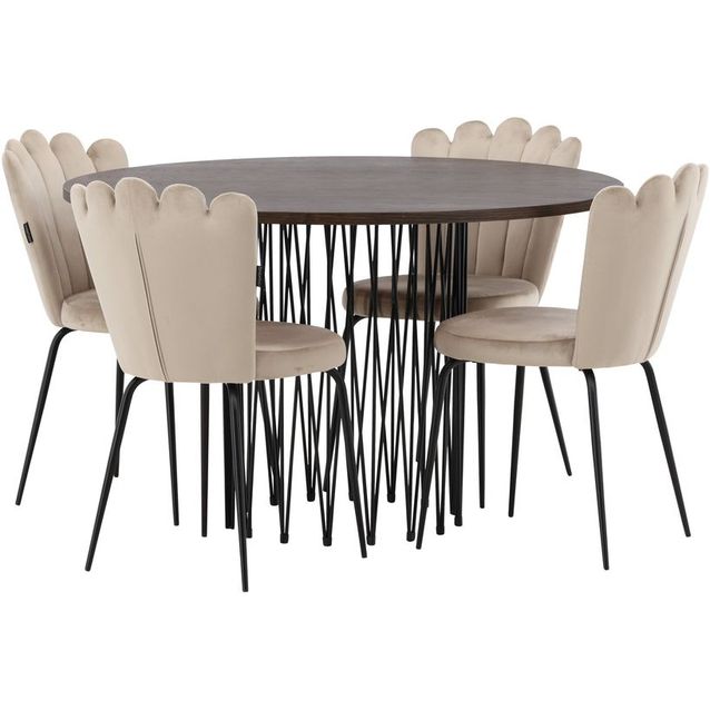 Ruokailuryhmä Venture Home, ruskea Stone-pöytä + 4 beigeä Limhamn Light -tuolia, sametti