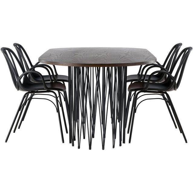 Ruokailuryhmä Venture Home, 220x100cm ruskea Stone Oval -pöytä + 4 mustaa Dyrön-tuolia