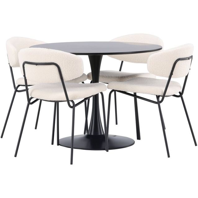 Ruokailuryhmä Venture Home, ⌀100cm musta Glade-pöytä + 4 valkoista Chico-tuolia