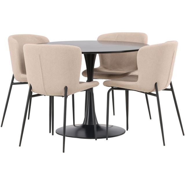Ruokailuryhmä Venture Home, ⌀100cm musta Glade-pöytä + 4 beigeä Modesto-tuolia