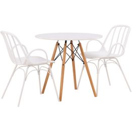 Pyöreä ruokailuryhmä Venture Home, Ø60cm valkoinen/ruskea Danburi-pöytä + 2 valkoista Dyrön-tuolia