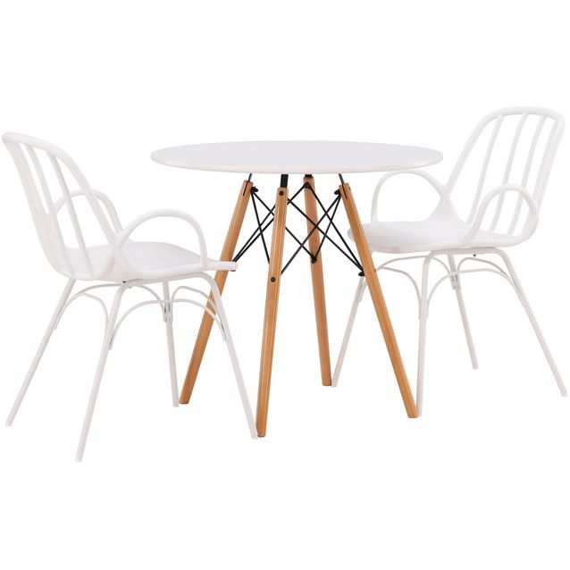 Pyöreä ruokailuryhmä Venture Home, Ø60cm valkoinen/ruskea Danburi-pöytä + 2 valkoista Dyrön-tuolia