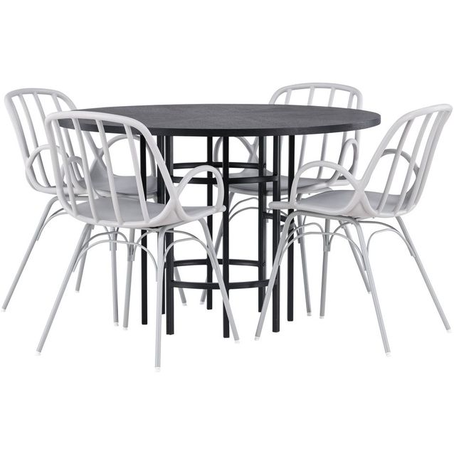 Ruokailuryhmä Venture Home, ⌀115cm musta Copenhagen-pöytä + 4 greigeä Dyrön-tuolia