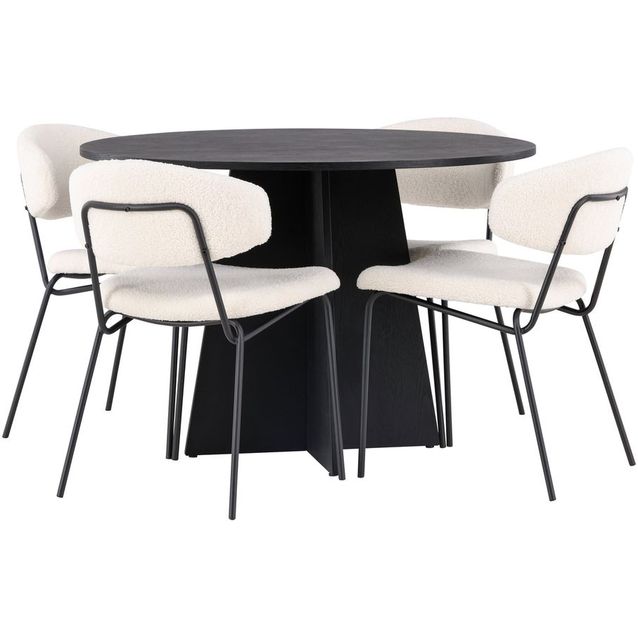 Ruokailuryhmä Venture Home, ⌀110cm musta Bootcut-pöytä + 4 valkoista Chico-tuolia
