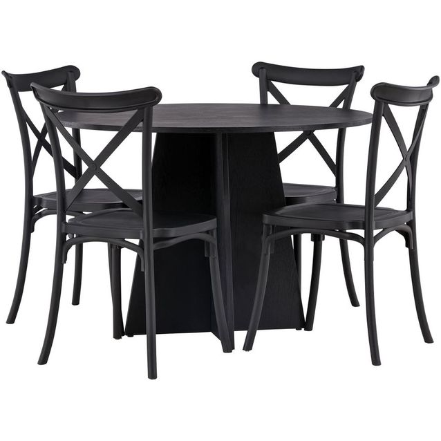 Ruokailuryhmä Venture Home, ⌀110cm musta Bootcut-pöytä + 4 mustaa Crosett-tuolia