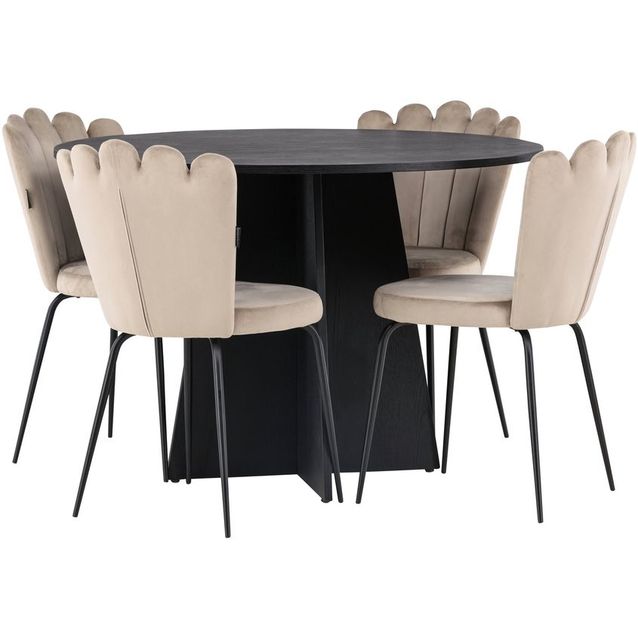 Ruokailuryhmä Venture Home, ⌀110cm musta Bootcut-pöytä + 4 beigeä Limhamn Light -tuolia
