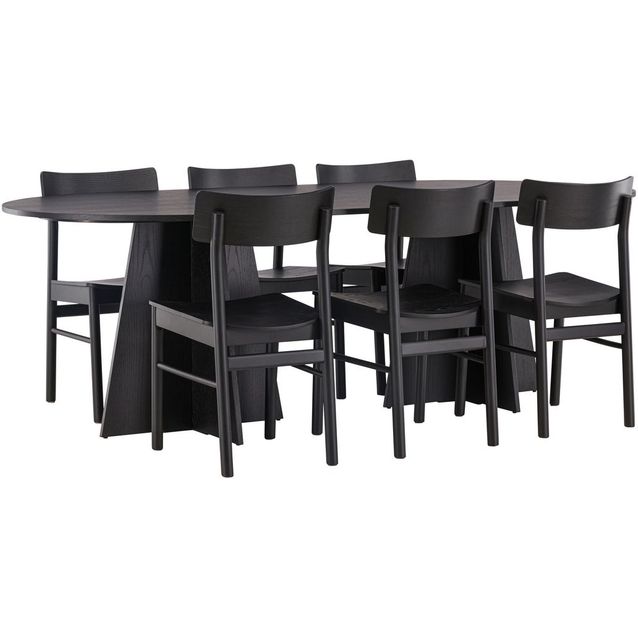 Ruokailuryhmä Venture Home, 230x115cm musta Bootcut Oval -pöytä + 6 mustaa Montros-tuolia