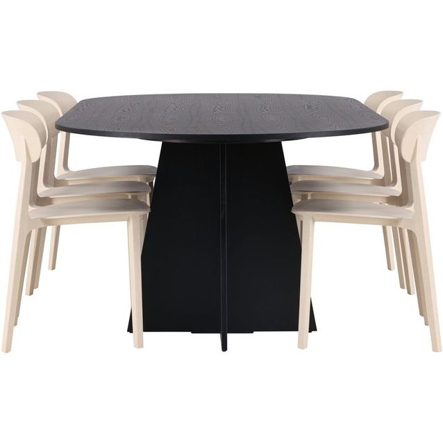 Ruokailuryhmä Venture Home, 230x115cm musta Bootcut-pöytä + 6 Åstol-tuolia