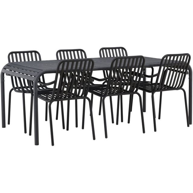 Ruokailuryhmä Venture Home, 200x100cm musta Borneo-pöytä + 6 Peking-tuolia