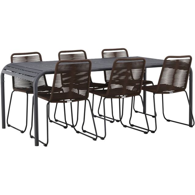 Ruokailuryhmä Venture Home, 200x100cm musta Borneo-pöytä + 6 mustaa Lindos-tuolia