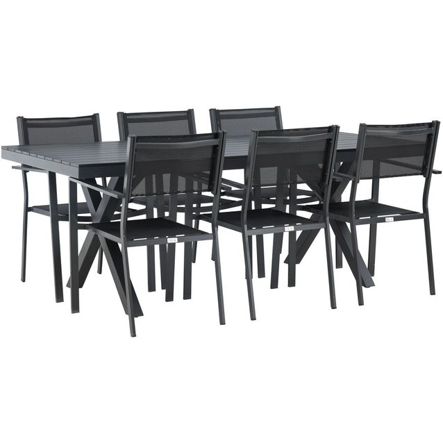 Ruokailuryhmä Venture Home, 200x100cm Garcia-pöytä + 6 mustaa, pinottavaa Copacabana-tuolia