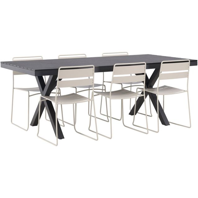 Ruokailuryhmä Venture Home, 200x100cm musta Garcia-pöytä + 6 beigeä Lina-tuolia