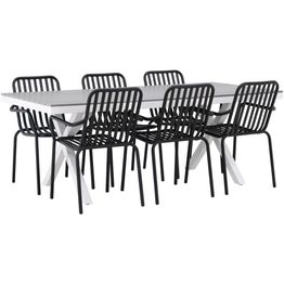 Ruokailuryhmä Venture Home, 200x100cm harmaa/valkoinen Garcia-pöytä + 6 mustaa Peking-tuolia