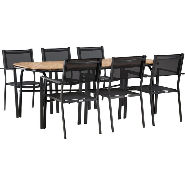 Ruokailuryhmä Venture Home, 200x90cm ruskea/musta Holmbeck-pöytä + 6 mustaa, pinottavaa Copacabana-tuolia