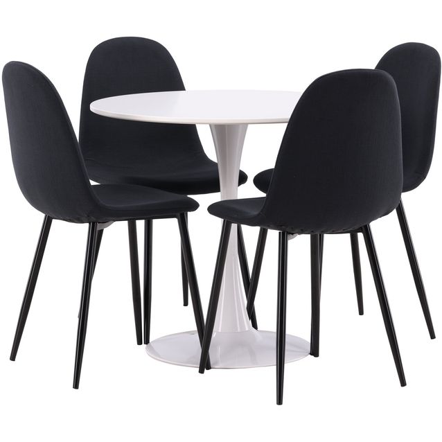 Pyöreä ruokailuryhmä Venture Home, Ø80cm, valkoinen Hamden-pöytä + 4 mustaa Polar-tuolia