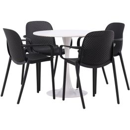 Pyöreä ruokailuryhmä Venture Home, Ø80cm, valkoinen Hamden-pöytä + 4 mustaa Baltimore-tuolia
